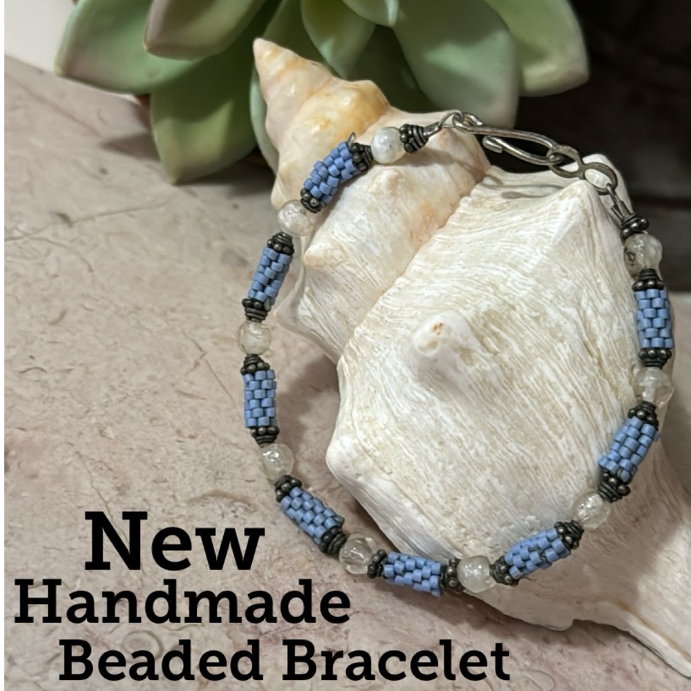 New Handmade Bracelet-Homemade Tube Beads in Blue with White Beads-Hook Closure